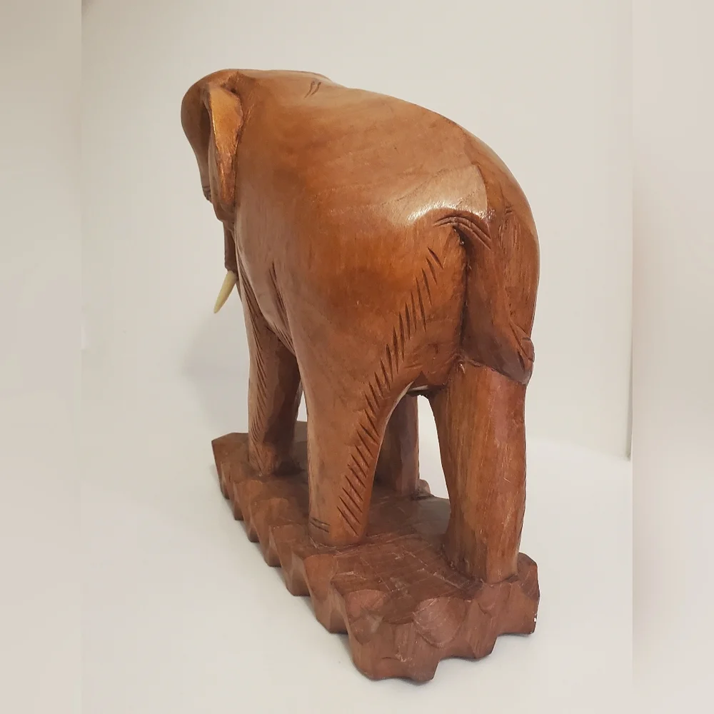 Vintage Large Teak Wooden Elephant With Tusks Hand Carved Solid Wood